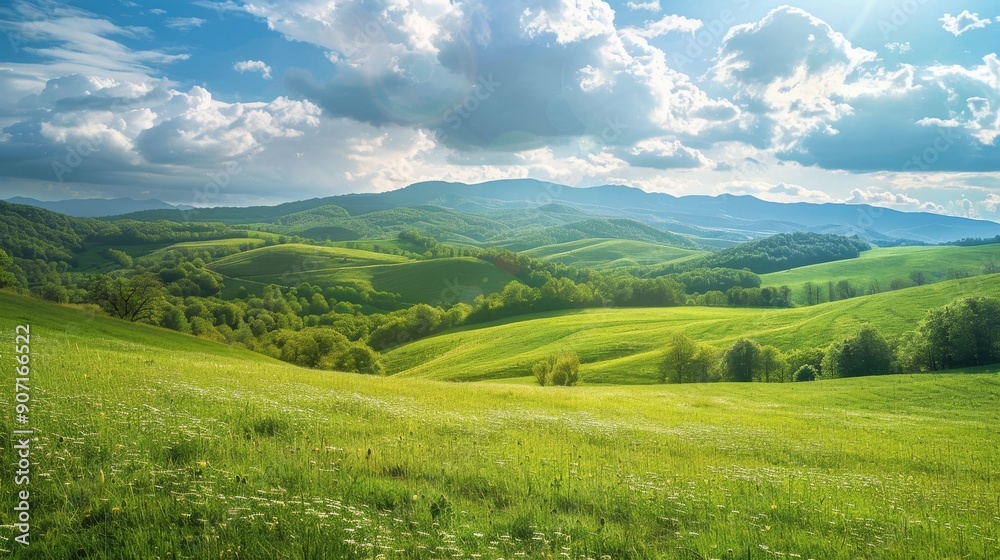 Scenic view of a lush meadow with rolling hills, creating a picturesque landscape Scenic view of a lush meadow with rolling hills, creating a picturesque landscape