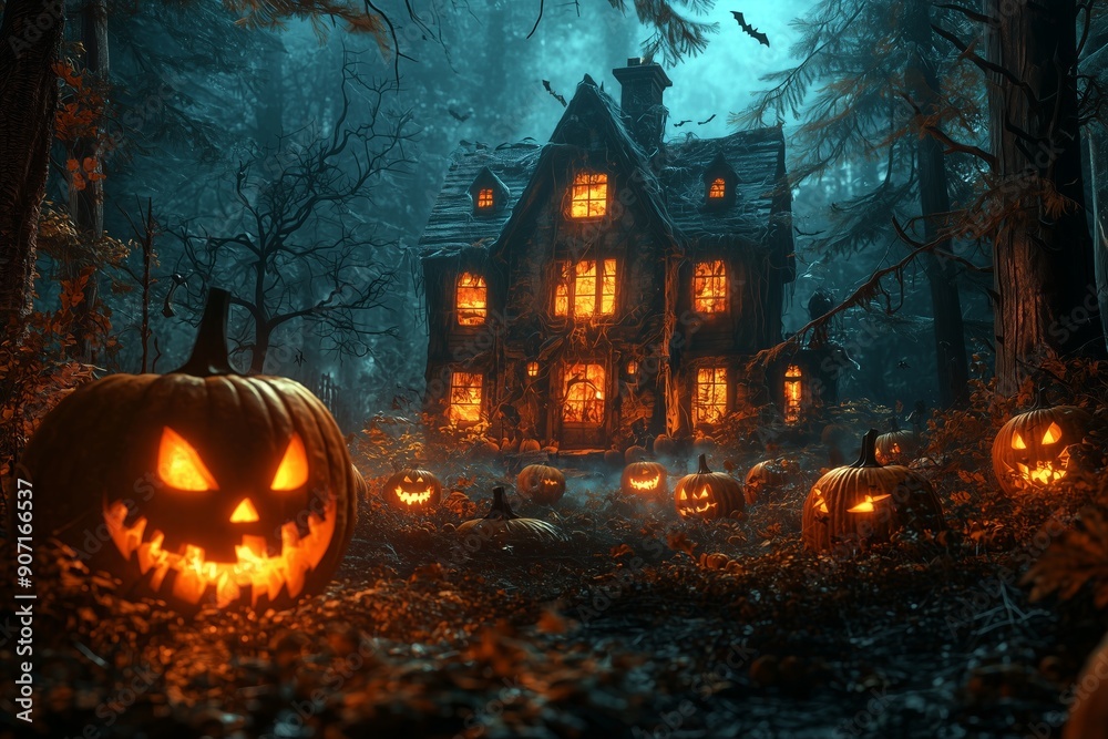 Spooky Halloween Background: Haunted House, Evil Pumpkins, and Dark Forest Scene in 3D Render Spooky Halloween Background: Haunted House, Evil Pumpkins, and Dark Forest Scene in 3D Render