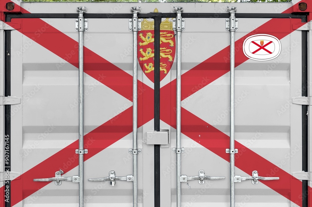 Jersey flag depicted on metal doors of shipping cargo container ...