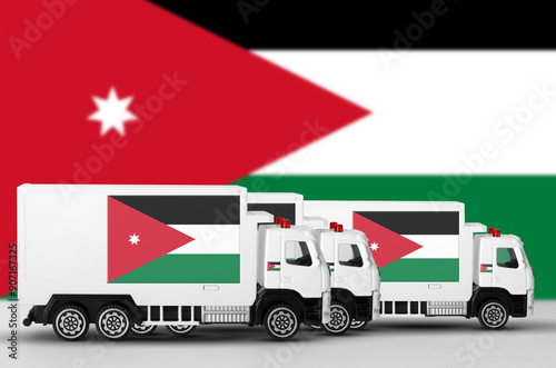 Jordan flag depicted on side wall of white delivery van close up. Shipping and local delivery concept photo