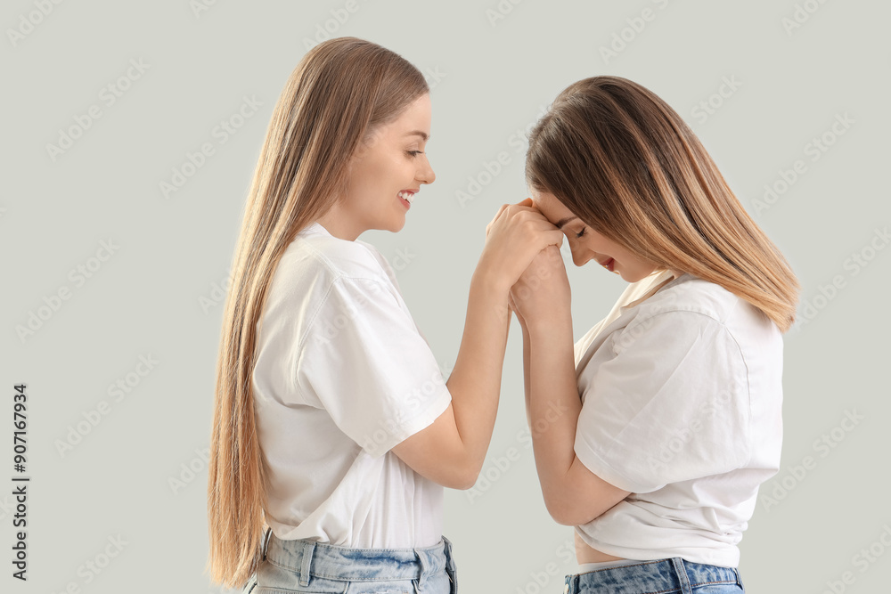 Young lesbian couple holding hands on light background Young lesbian couple holding hands on light background