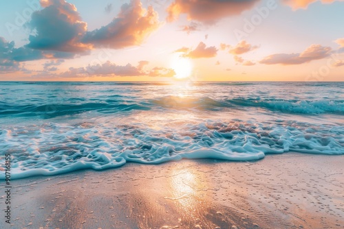 Tropical island paradise  beach sunrise horizon sea water banner for inspiring summer vacation photo
