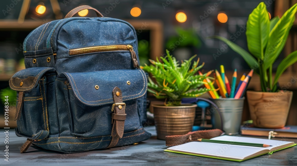 Fototapeta premium A blue retro styled canvas backpack with a front pocket and adjustable shoulder straps is sitting on a table. The backpack is open, and there are school supplies on the table next to it
