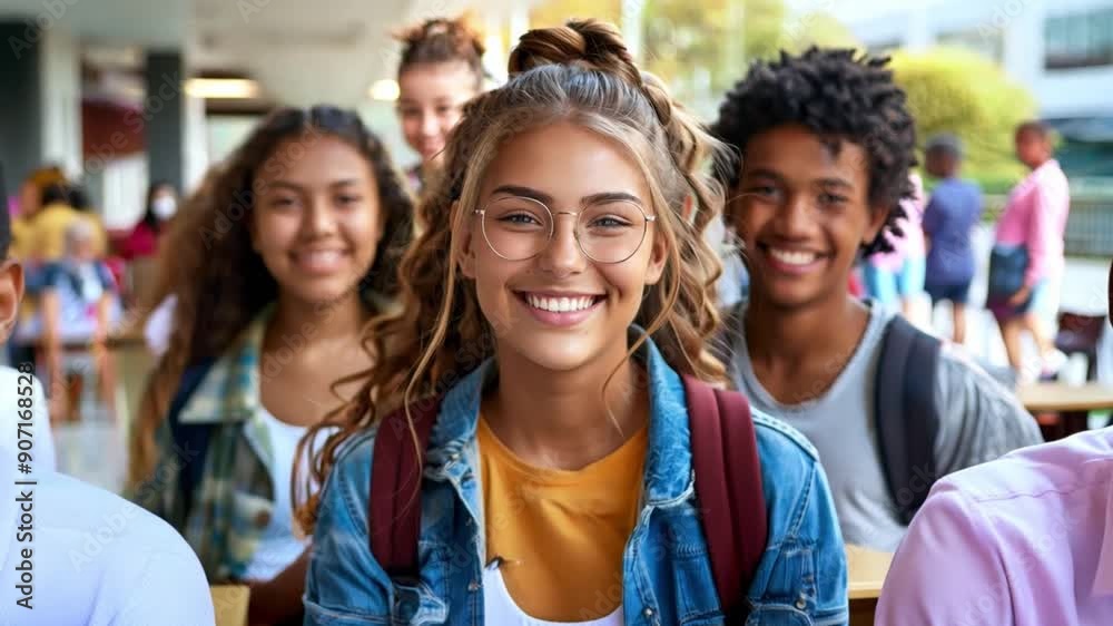 A group of cheerful students are outside at school, smiling and enjoying their time together in the sunlight. A group of cheerful students are outside at school, smiling and enjoying their time together in the sunlight.