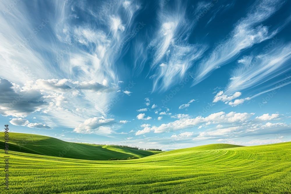 Breathtaking landscape vast green meadow under serene clear blue sky in captivating photography Breathtaking landscape vast green meadow under serene clear blue sky in captivating photography