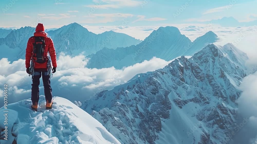 A lone hiker in a red jacket surveys the breathtaking mountain landscape, surrounded by snow and clouds at sunrise. A lone hiker in a red jacket surveys the breathtaking mountain landscape, surrounded by snow and clouds at sunrise.