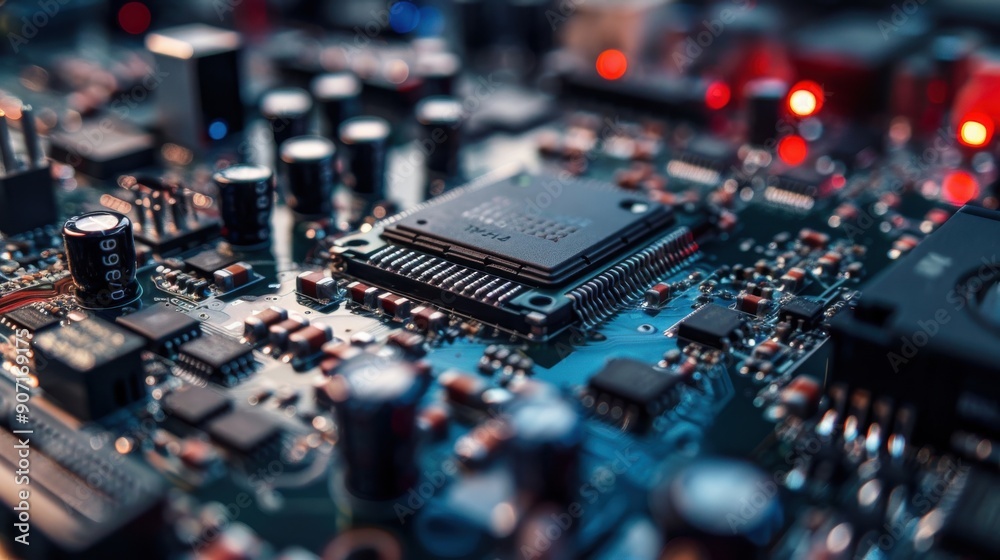 A close up of a computer chip with a lot of lights on it