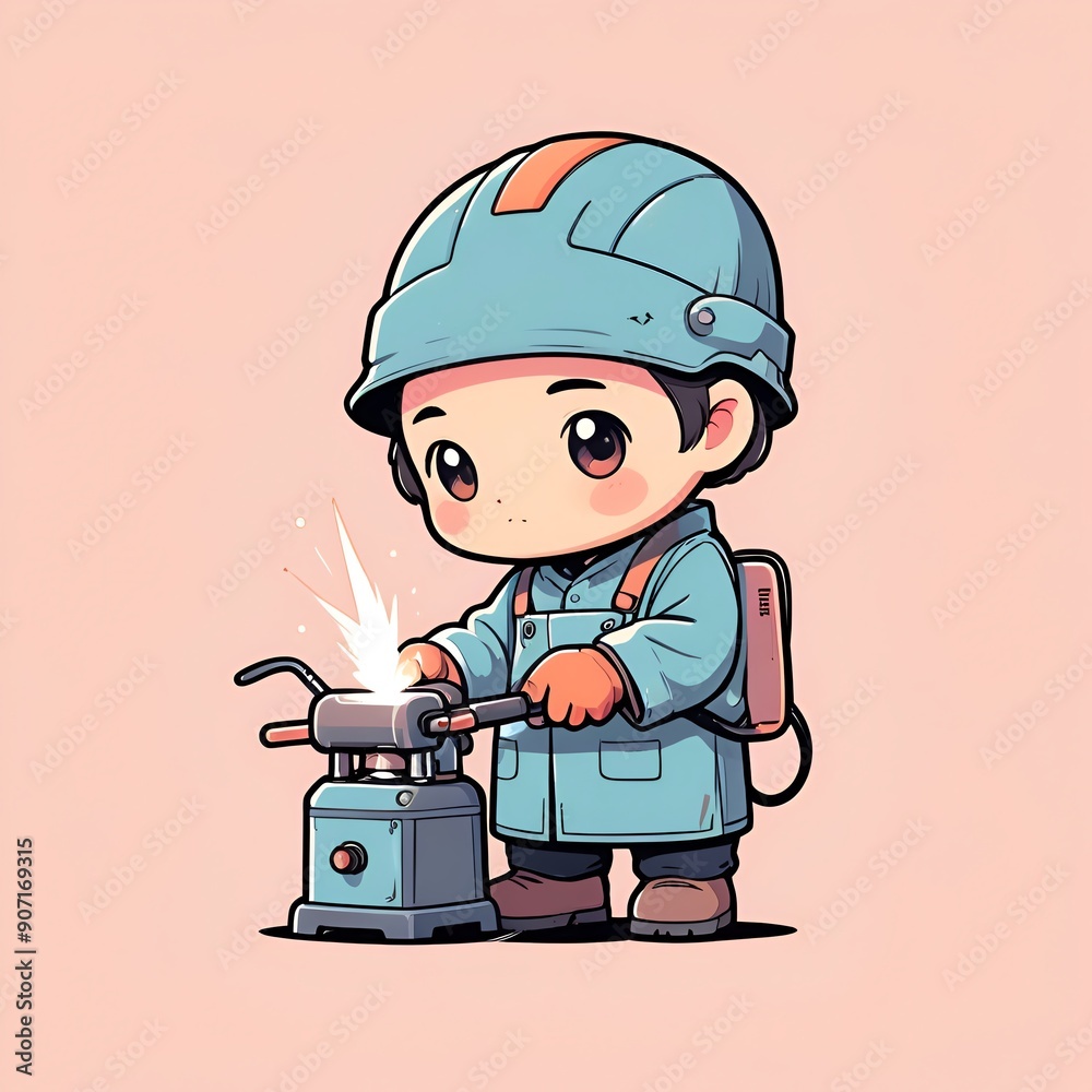 A cartoon of a man in a blue helmet A cartoon of a man in a blue helmet
