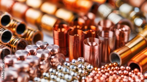 A collection of shiny, metallic objects, including balls and cylinders