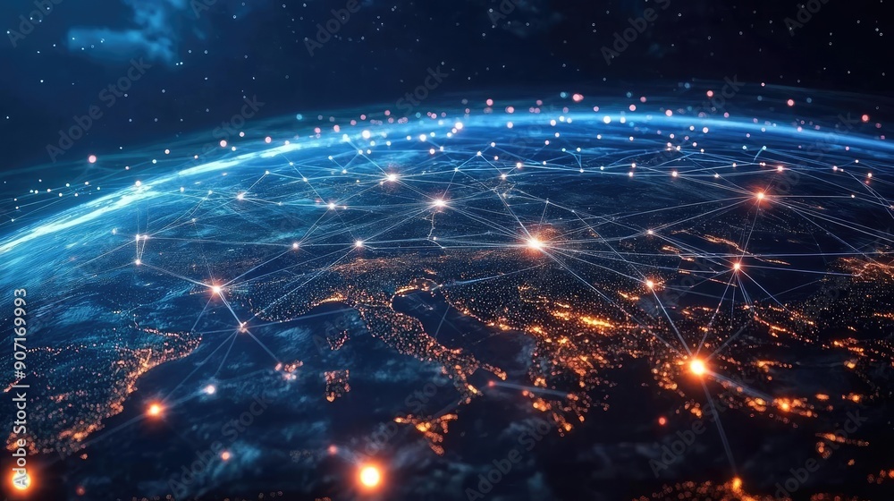 Obraz premium Digital Earth with interconnected luminous paths, network connection, global business