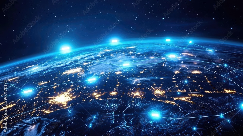 Earth with holographic trading networks, network connection, global commerce Earth with holographic trading networks, network connection, global commerce