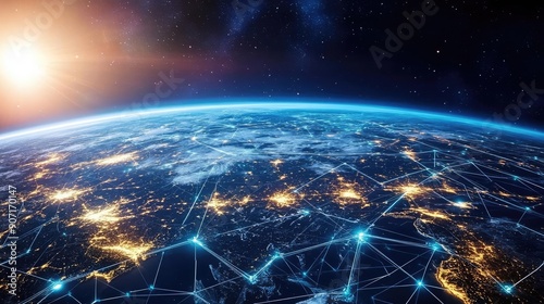 Earth with holographic trade routes, network connection, global commerce