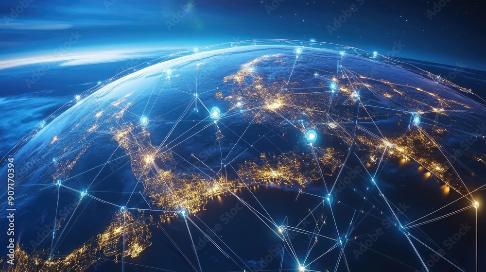 Globe with digital trade routes and nodes, network connection, international trading Globe with digital trade routes and nodes, network connection, international trading