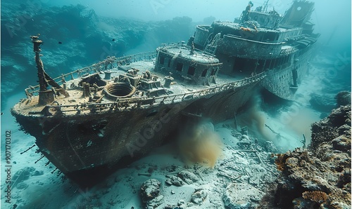 Wallpaper Mural A sunken warship rests on the ocean floor, surrounded by blue waters, sand, and marine life, creating a haunting and mysterious underwater scene. Torontodigital.ca