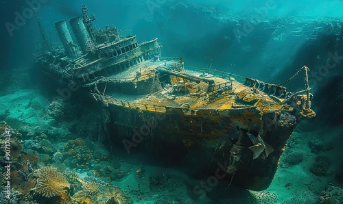 Wallpaper Mural A sunken warship rests on the ocean floor, surrounded by blue waters, sand, and marine life, creating a haunting and mysterious underwater scene. Torontodigital.ca