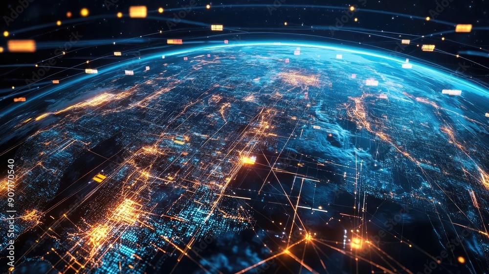 Planet Earth with neon trade routes and data streams, global network, international trading Planet Earth with neon trade routes and data streams, global network, international trading