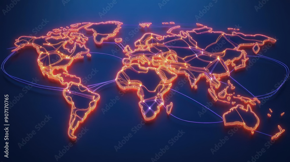 Fototapeta premium World map with neon trading routes, global network], international business