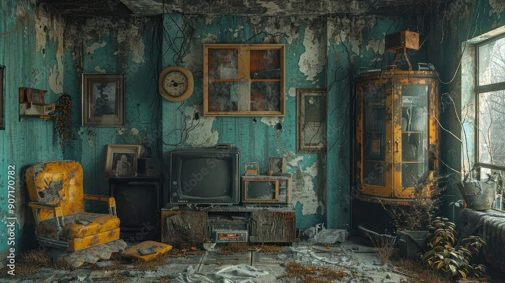 Interior of an abandoned and ruined house with a broken wall, minimalistic Interior of an abandoned and ruined house with a broken wall, minimalistic