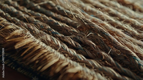 Closeup of woven rugs fringe blowing gently in the b photo