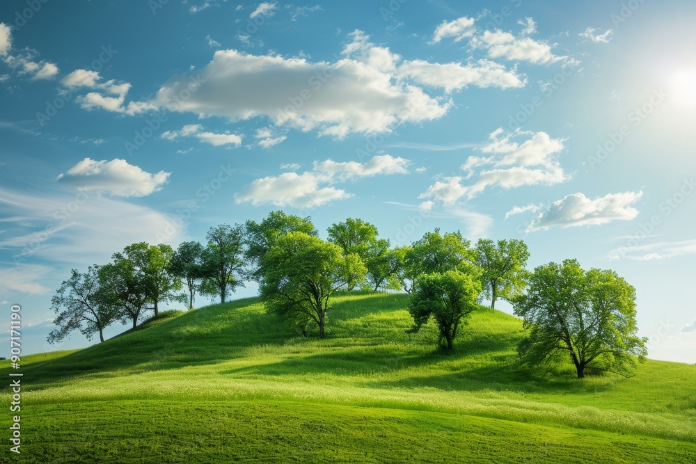 Sunny day landscape lush green hill with trees against blue sky, ideal nature background Sunny day landscape lush green hill with trees against blue sky, ideal nature background