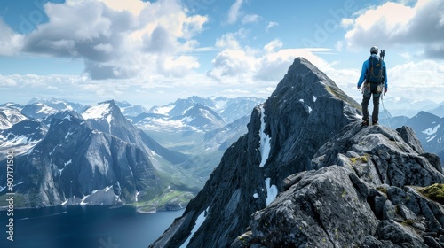 Solo travel adventure  climbing hamperokken mountain in norway   active vacation in alpine landscape photo