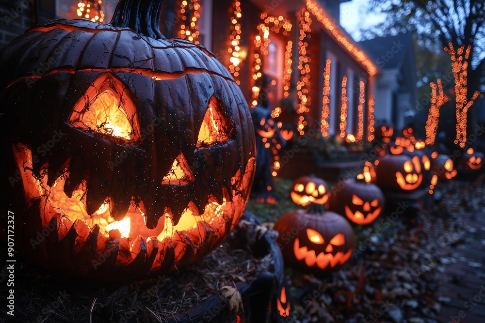 Spooky Halloween Night With Jack-o'-Lanterns Illuminating a Decorated House and Pathway Spooky Halloween Night With Jack-o'-Lanterns Illuminating a Decorated House and Pathway