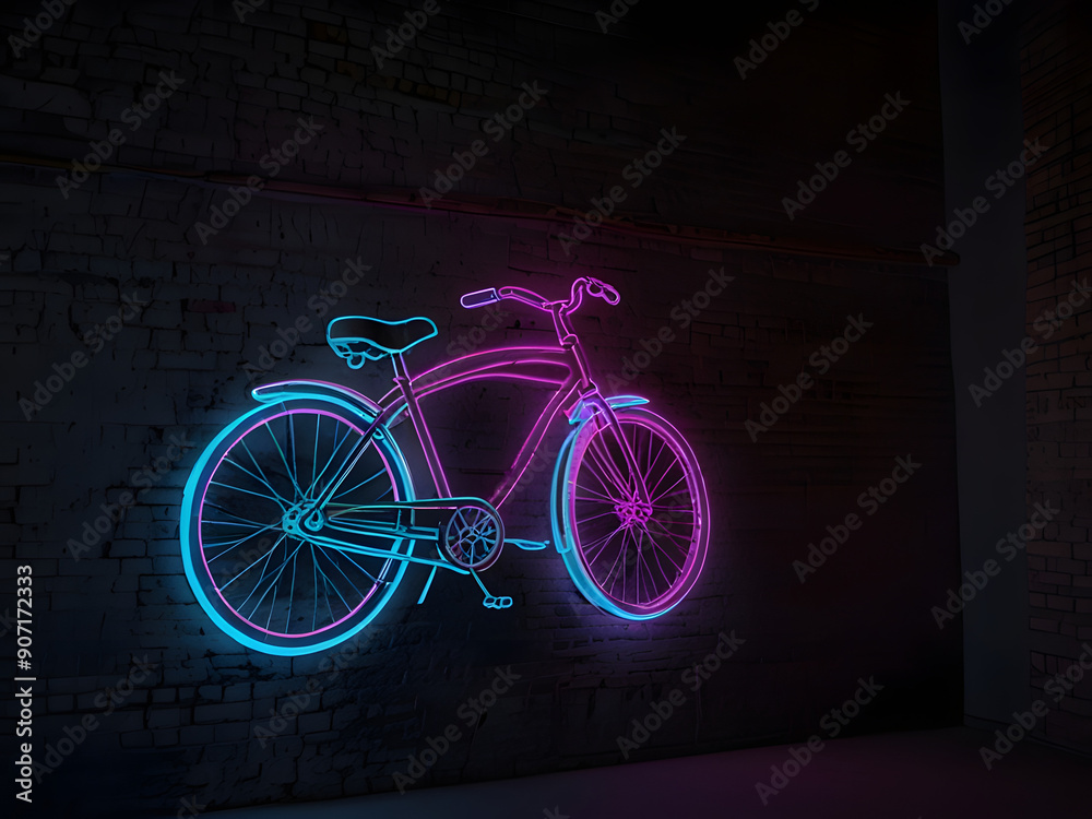 Glowing Neon Script: Bike Drawing on a Wall Glowing Neon Script: Bike Drawing on a Wall