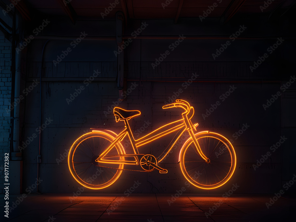 Glowing Neon Script: Bike Drawing on a Wall Glowing Neon Script: Bike Drawing on a Wall