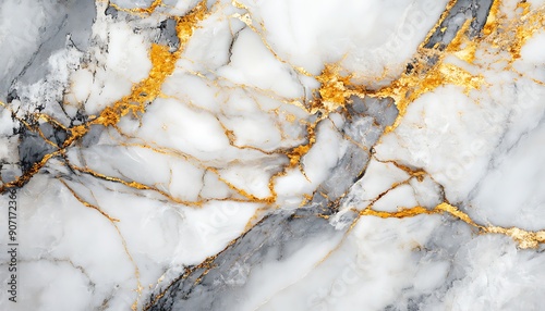 Close-Up of Elegant White Marble with Gold and Gray Veins, Polished and Luxurious Finish