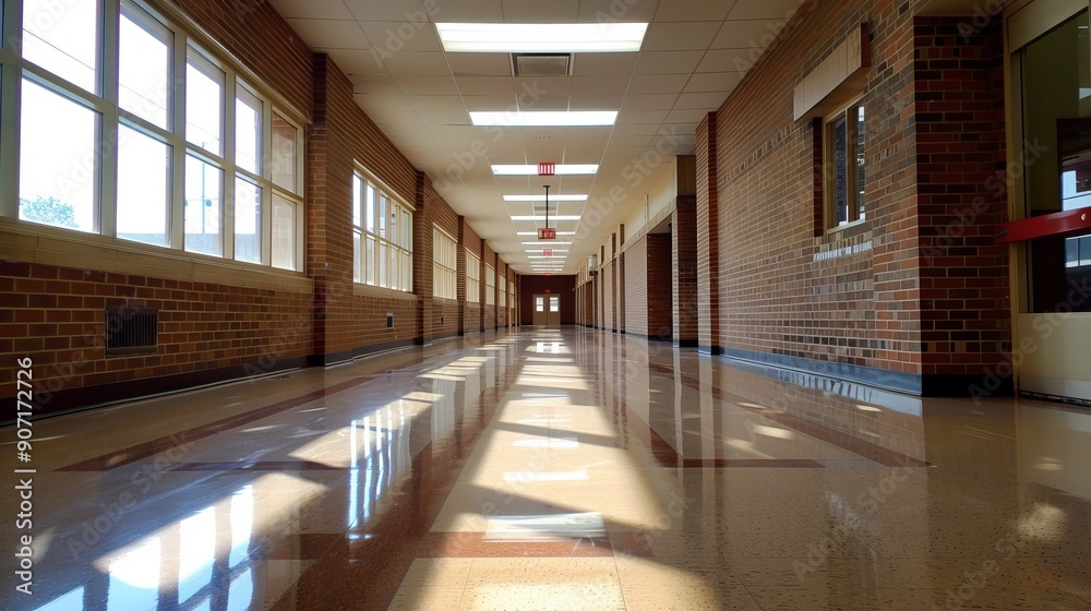 Empty high school corridor with lockers lining the walls Empty high school corridor with lockers lining the walls