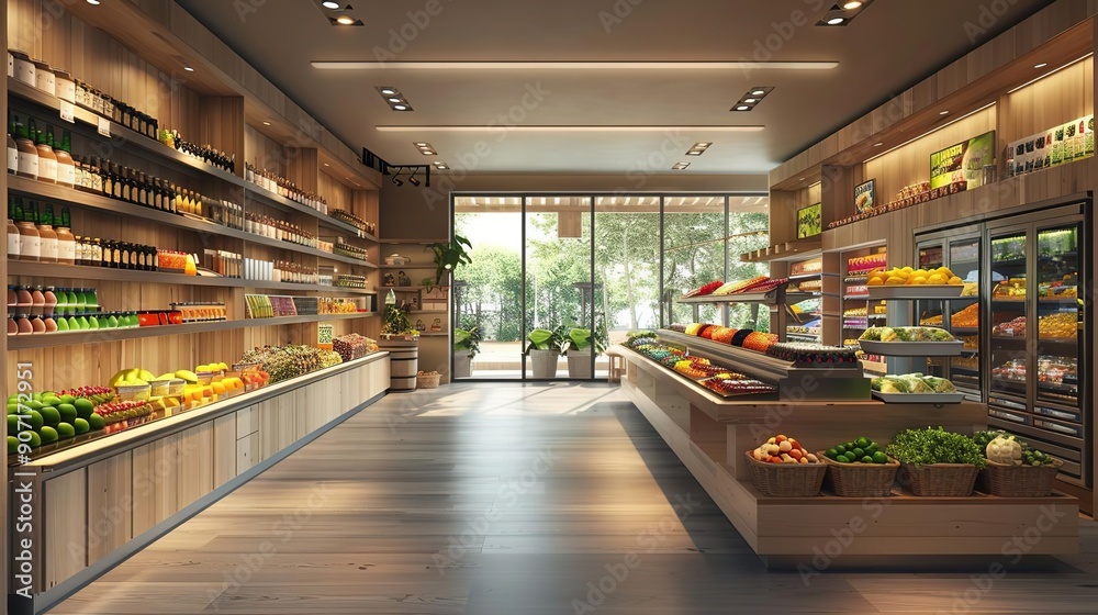 Modern Grocery Store Interior 3D Rendering - Shelves, Produce, and Refrigerators Modern Grocery Store Interior 3D Rendering - Shelves, Produce, and Refrigerators