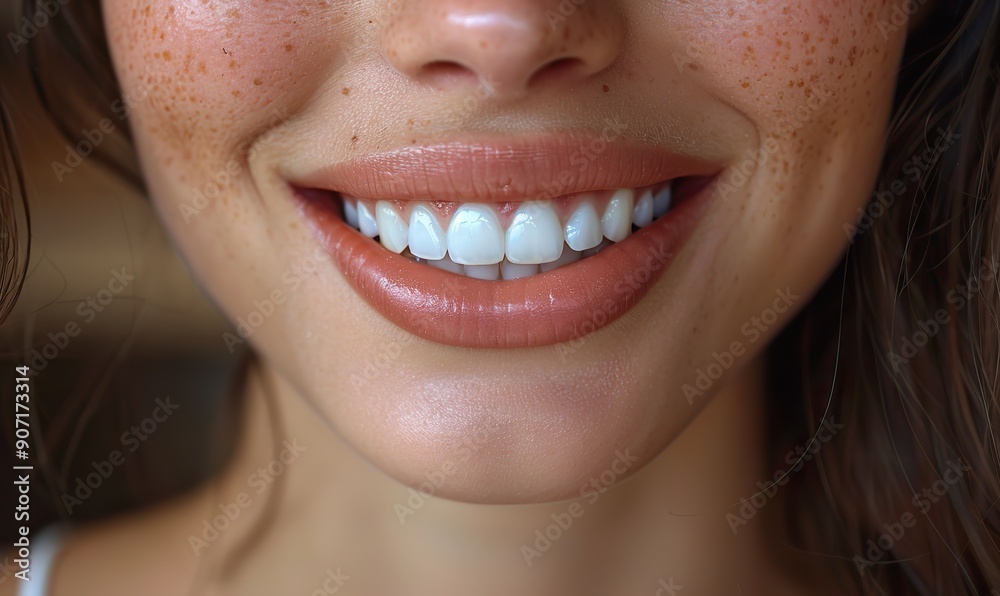 Obraz premium A close-up of a woman's bright smile, showing her white teeth and glossy lips, radiates genuine happiness and confidence.