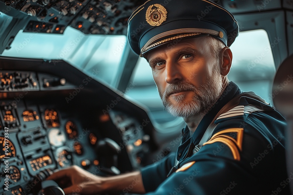 pilot in the cockpit, controlling the plane, hands on the steering wheel. pilot in the cockpit, controlling the plane, hands on the steering wheel.