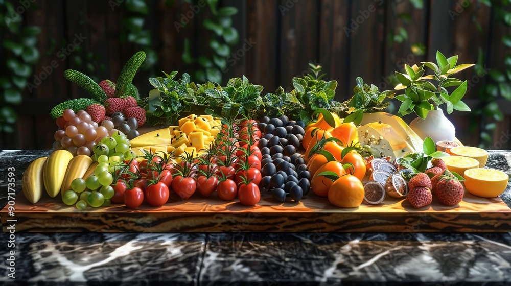 3D Rendering of a Wooden Serving Tray with a Variety of Fruits and Vegetables 3D Rendering of a Wooden Serving Tray with a Variety of Fruits and Vegetables