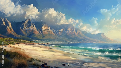 Panorama of Cape Town, South Africa. The city beach against magnificent mountains