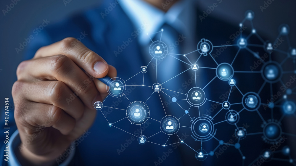 Businessman drawing social network connection interface with people icons on blue background Businessman drawing social network connection interface with people icons on blue background