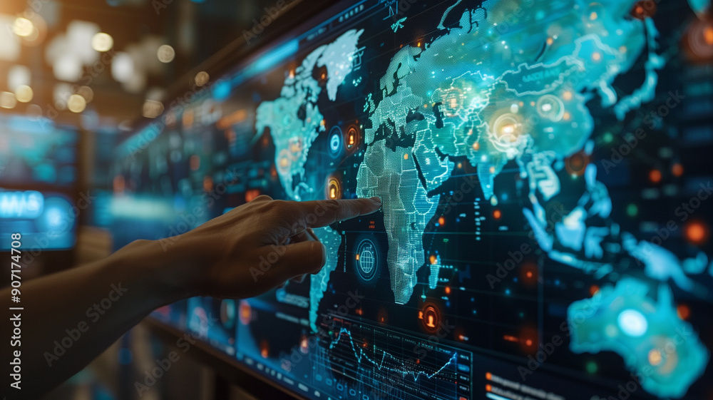 Hand touching digital screen with global map and business data, World trade in modern global era Hand touching digital screen with global map and business data, World trade in modern global era