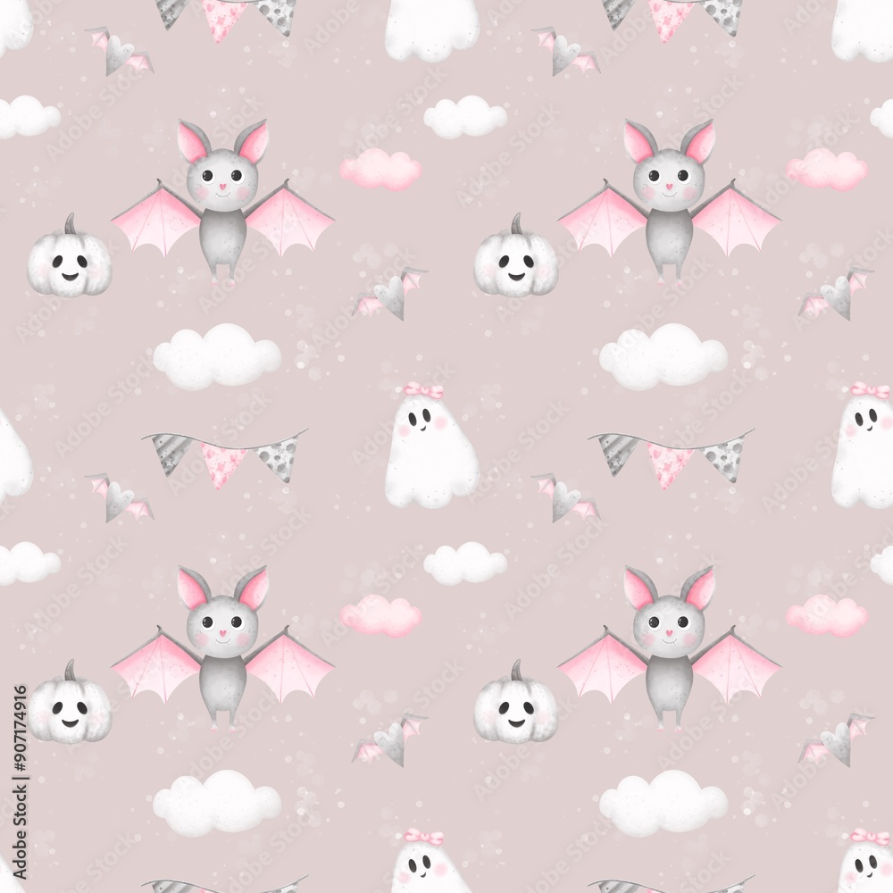 Seamless pattern cute bat and ghosts.Watercolor hand drawn color children's illustration, print with cute .Kids print.Baby collection, Halloween decorations. Seamless pattern cute bat and ghosts.Watercolor hand drawn color children's illustration, print with cute .Kids print.Baby collection, Halloween decorations.