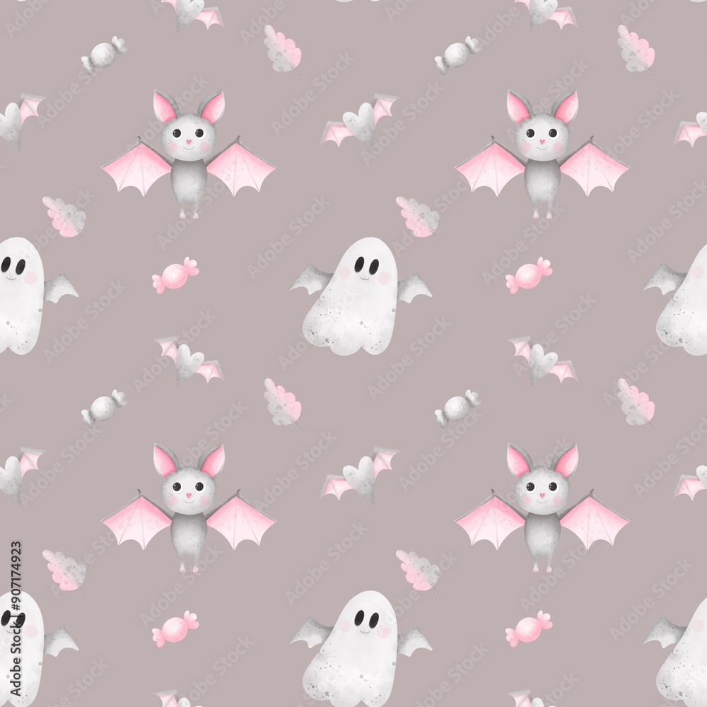 Seamless pattern cute bat and ghosts.Watercolor hand drawn color children's illustration, print with cute .Kids print.Baby collection, Halloween decorations. Seamless pattern cute bat and ghosts.Watercolor hand drawn color children's illustration, print with cute .Kids print.Baby collection, Halloween decorations.