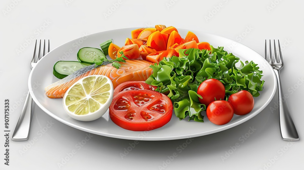 3D Illustration of Salmon, Tomatoes, Cucumbers, Lemon, and Salad on a White Plate 3D Illustration of Salmon, Tomatoes, Cucumbers, Lemon, and Salad on a White Plate