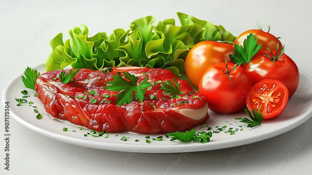 3D Rendered Steak, Tomatoes, and Lettuce on a Plate Illustration 3D Rendered Steak, Tomatoes, and Lettuce on a Plate Illustration