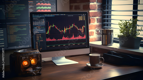 Analytical Forex (FX) Trading Situation Depicting Charts, Trading Tools and a trader's constant companion - Coffee photo