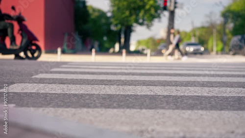 Wallpaper Mural central part the city roadway with different foreign cars focus on asphalt traffic of cars sunny weather iron bollards limiter for cars Torontodigital.ca