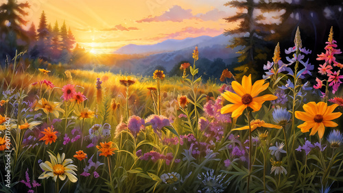 View of sunset in the mountains filled with flowers background