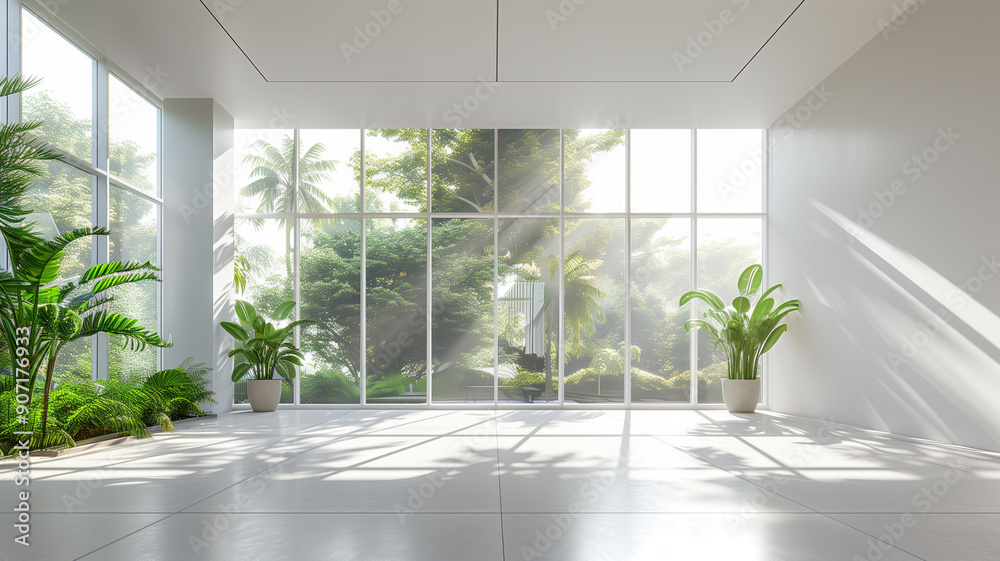 Empty room with large windows and fresh green plants Empty room with large windows and fresh green plants