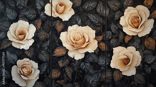 Stunning Triptych Wall Art Featuring Elegant Cream Roses with Dark Foliage photo