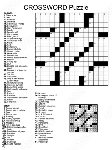 Crossword puzzle game with 15 x 15 squares with clues and solution.