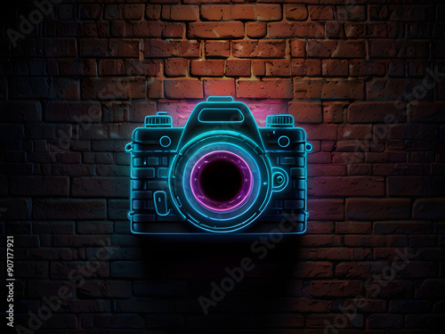 Camera Logo with Neon Light Effect on Brick Wall