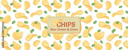 Seamless pattern of potato chips and green onions. Vector Label for chips with sour cream and onions. Background for packaging, advertising, decor.