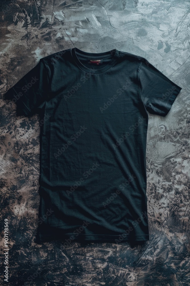 A single black t-shirt sitting on a table, ideal for product photography or flat lay compositions A single black t-shirt sitting on a table, ideal for product photography or flat lay compositions
